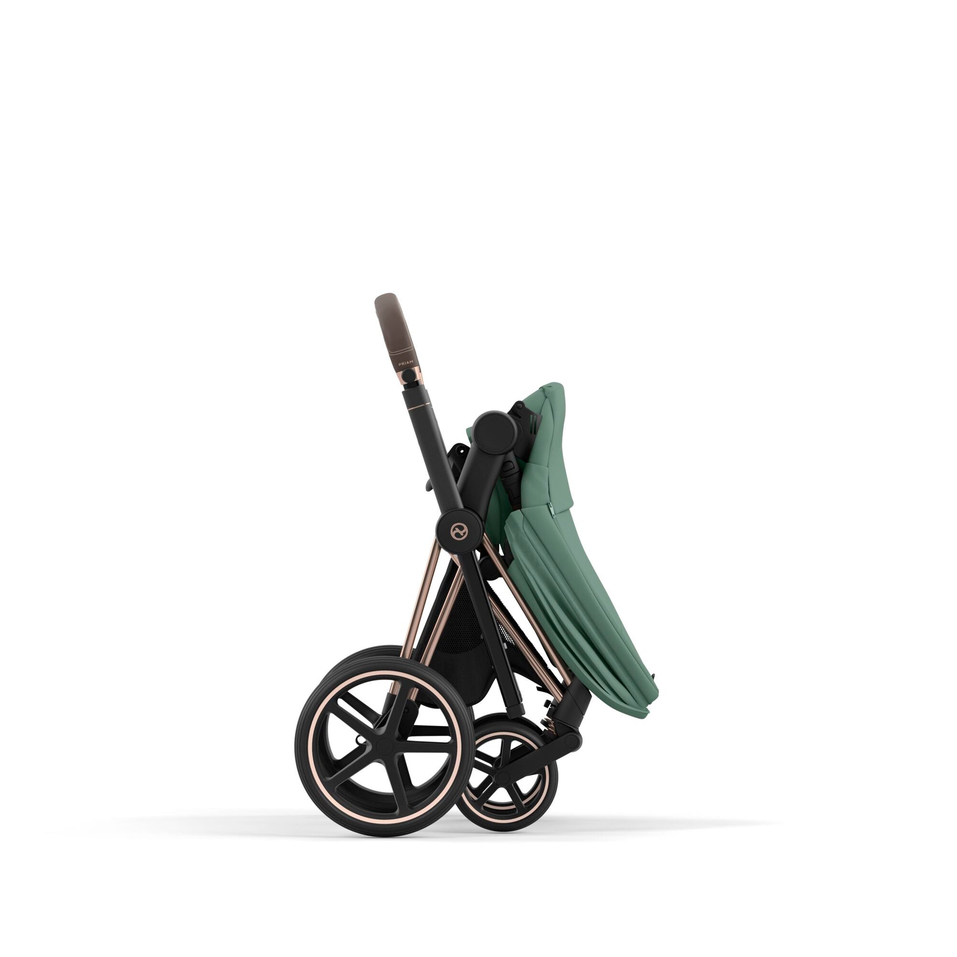 Cybex Priam rose gold chassis with bdark brown handle and leaf green seat pack.