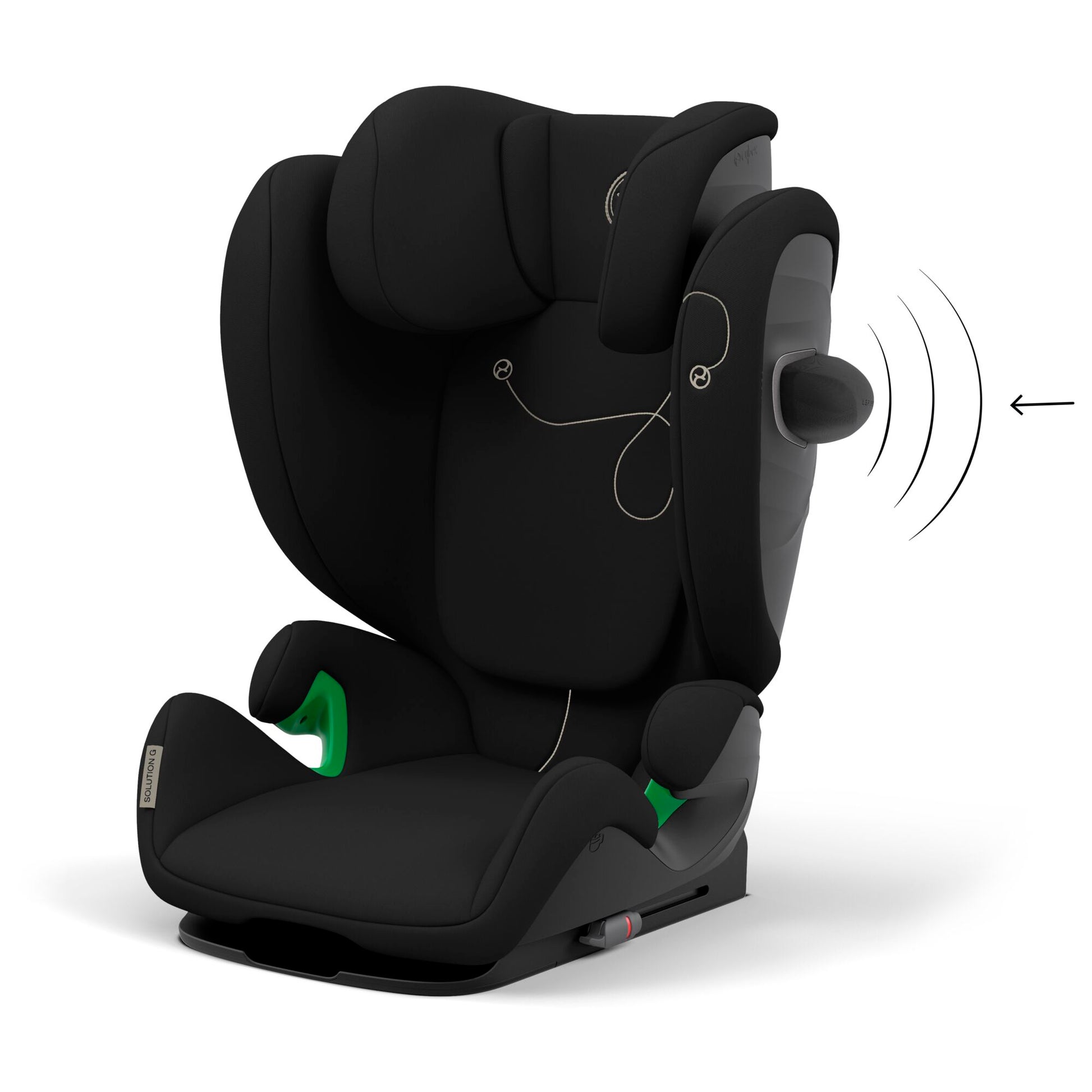 The Solution G car seat in moon black, showcasing its design.