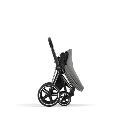 Cybex Priam matt black chassis with black handle and mirage grey seat pack.