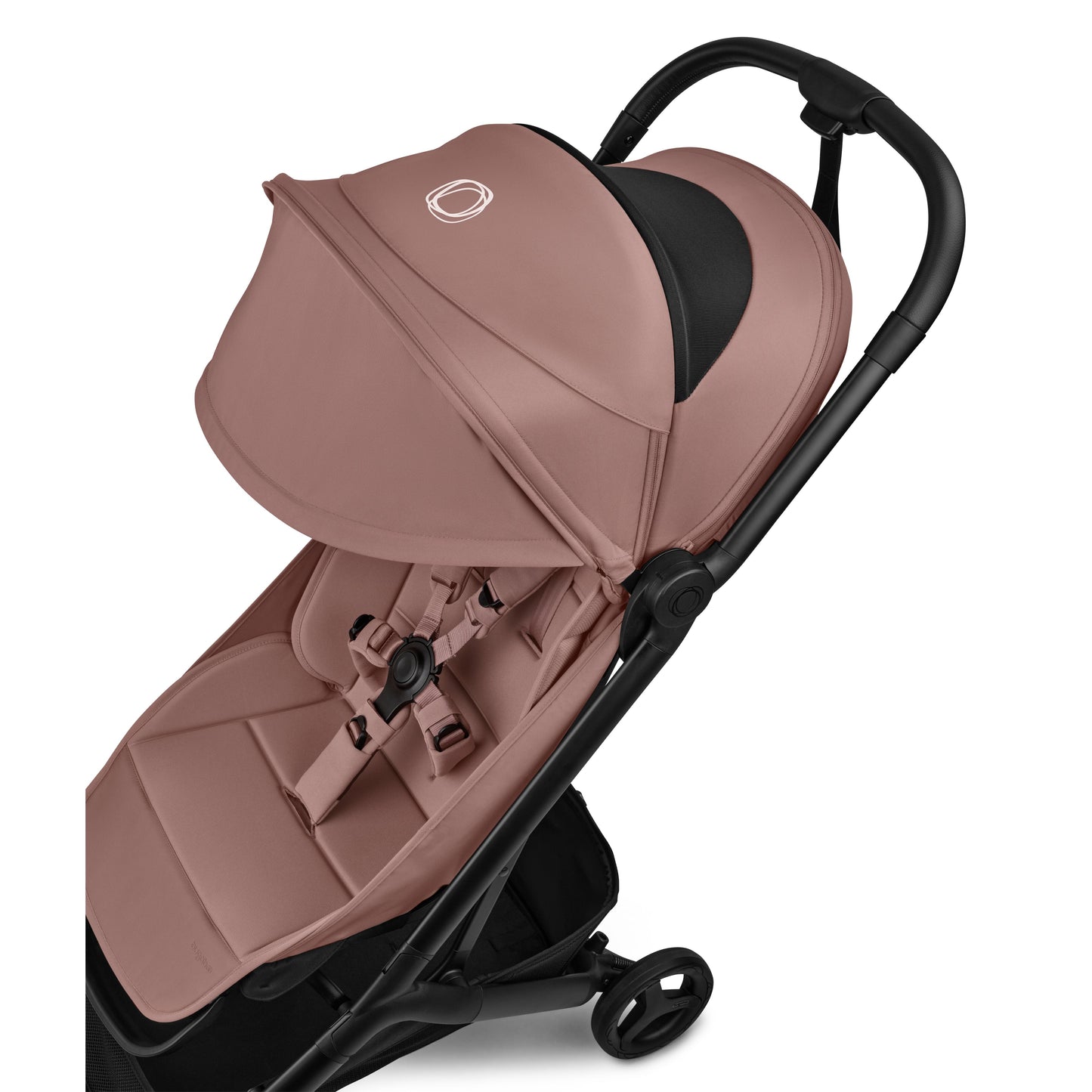 Bugaboo butterfly 2 stroller in dusty pink fabrics on a black chassis.
