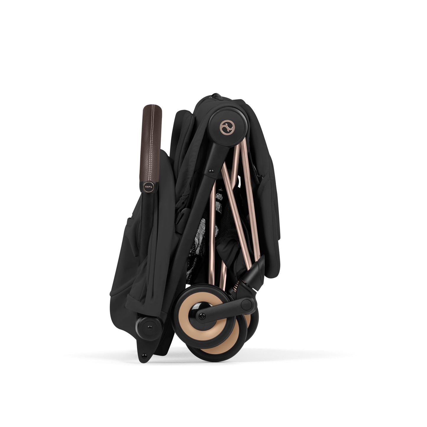 Cybex Coya Pushchair in sepia black colourway on a rose gold chassis.
