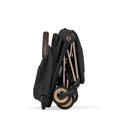 Cybex Coya Pushchair in sepia black colourway on a rose gold chassis.