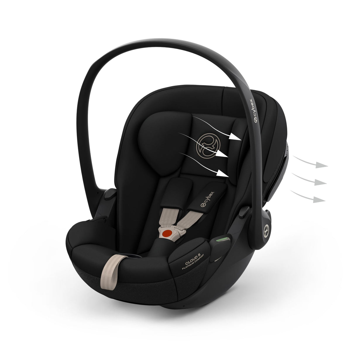 Cybex cloud s car seat in sepia black comfort colour, with recline function.