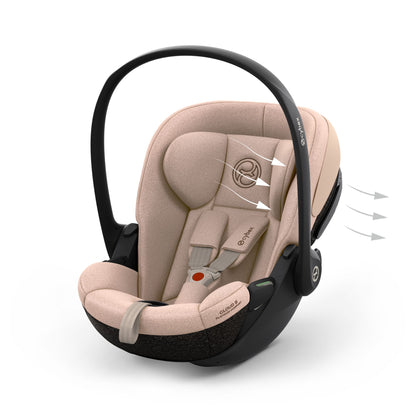 Cybex cloud s car seat in cozy beige comfort colour, with recline function.