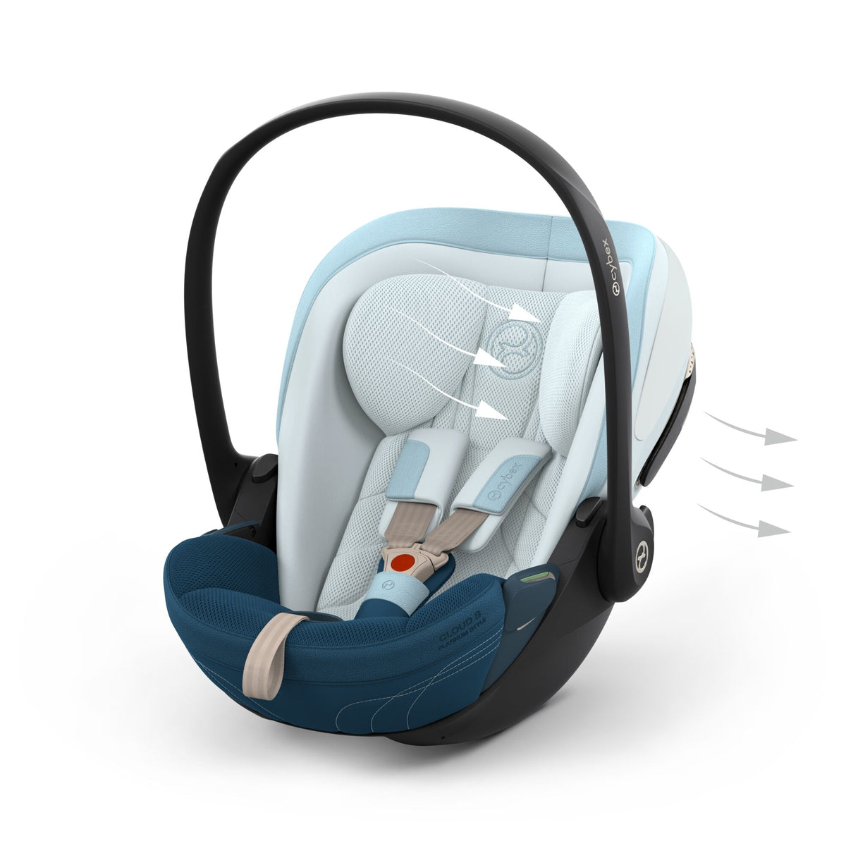 Cybex cloud s car seat in opal blue colour, with recline function.