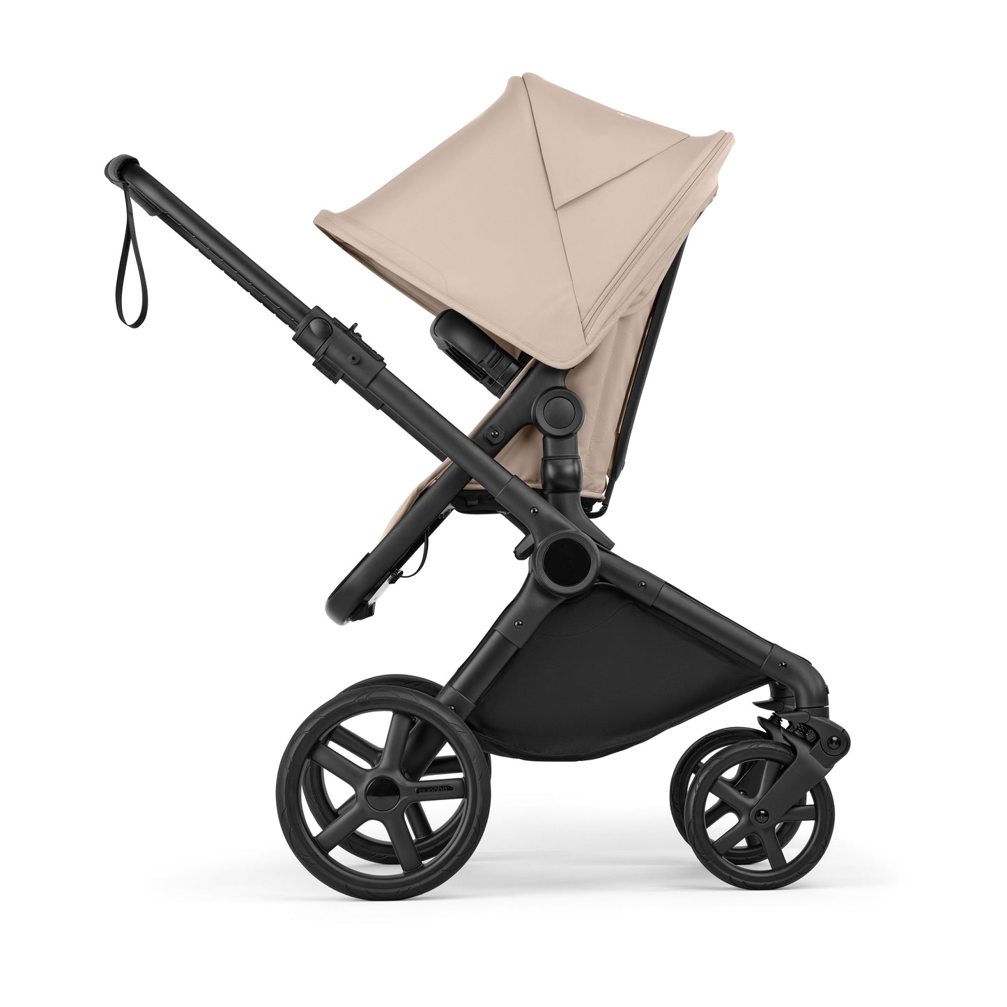 Bugaboo Cub stroller and carrycot in desert taupe beige with black chassis.