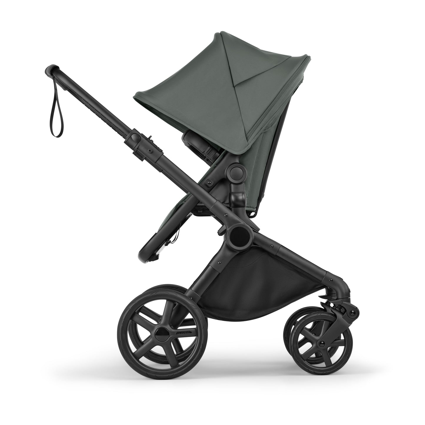 Bugaboo Cub stroller and carrycot in forest green with black chassis.