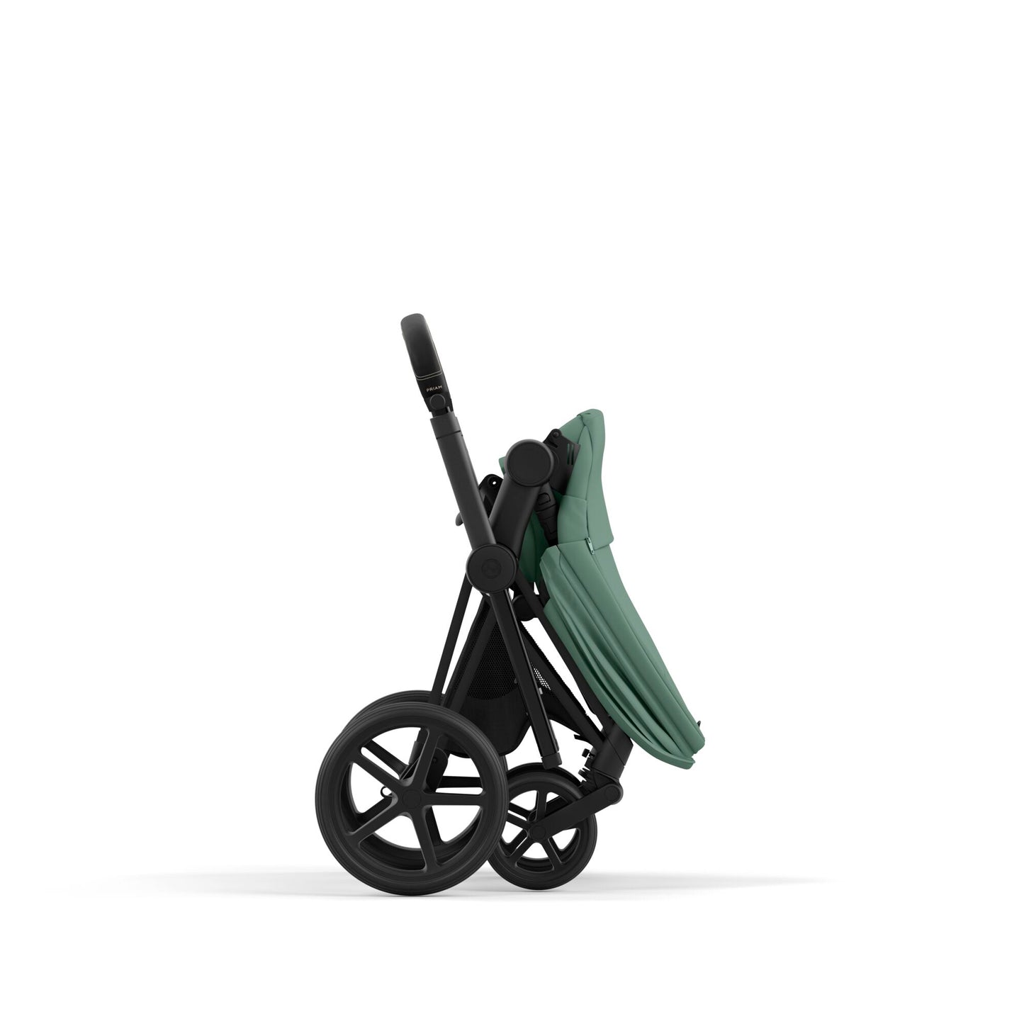 Cybex Priam matt black chassis with black handle and leaf green seat pack.