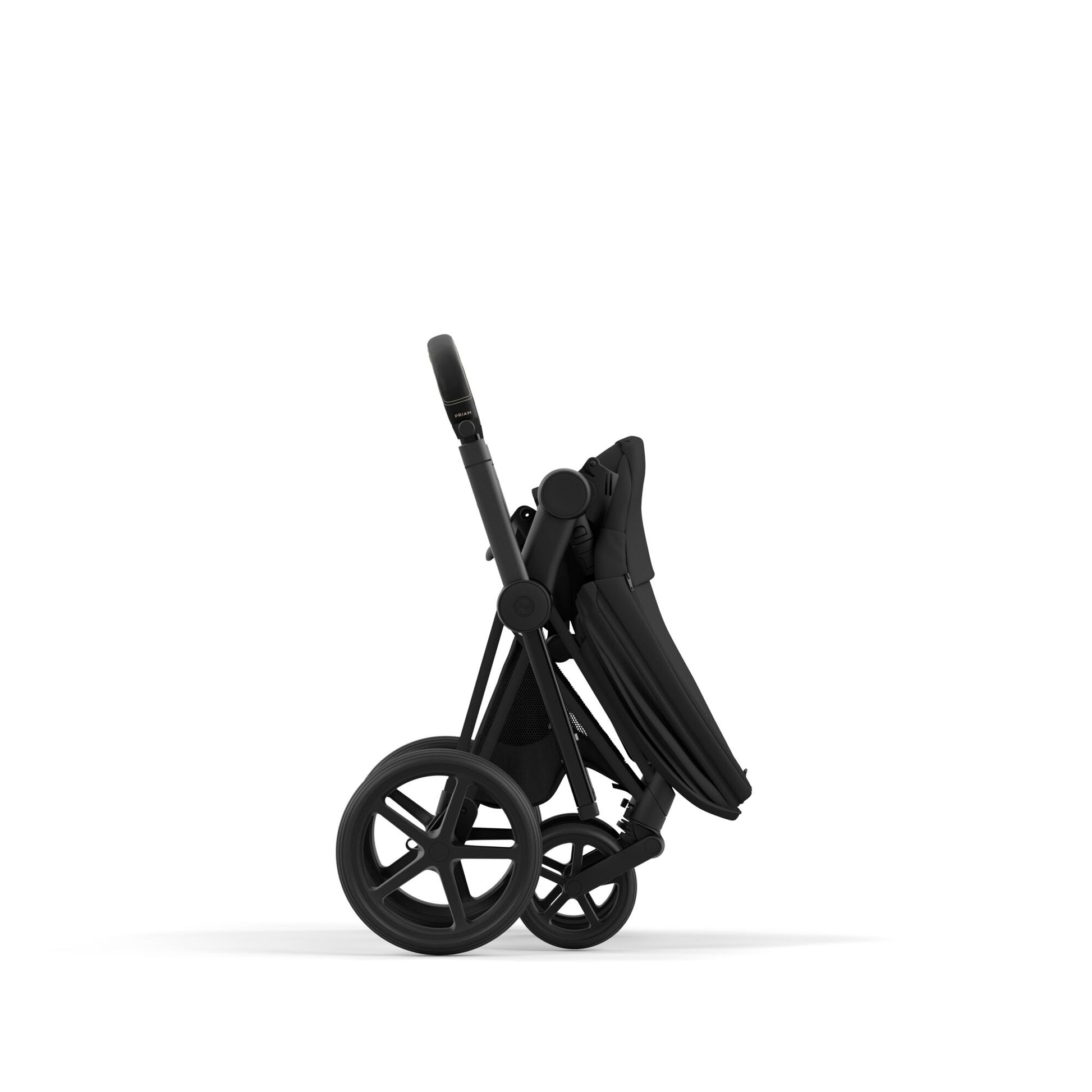 Cybex Priam matt black chassis with black handle and sepia black seat pack.