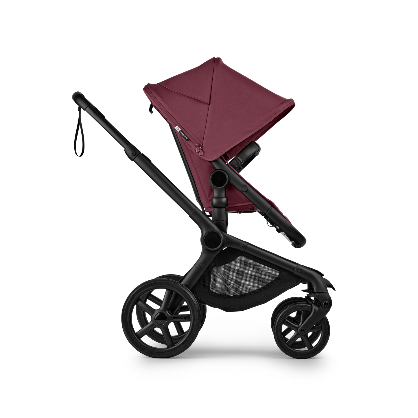 The dark cherry Bugaboo Fox5 pushchair, equipped with a seat and carrycot fabric, offers a compact fold for all-terrain use.