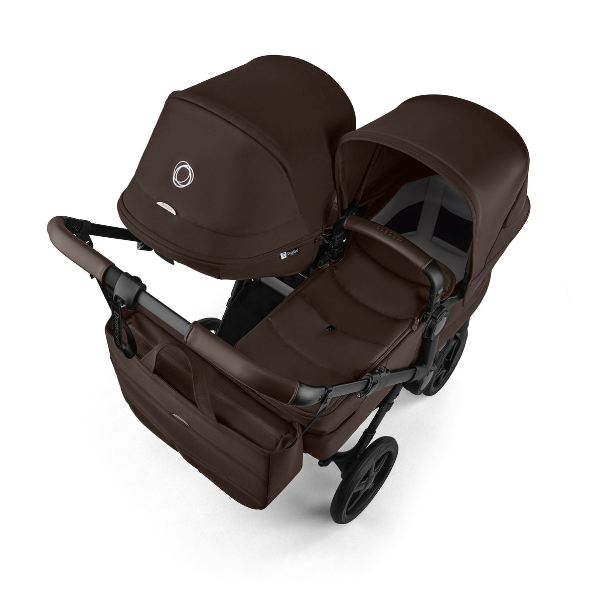 Bugaboo Donkey double travel system in cocoa brown colour with cybex cloud s car seat and isofix base.