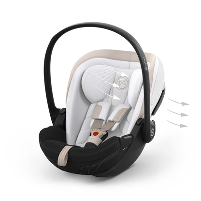 Cybex cloud s car seat in off white colour, with recline function.