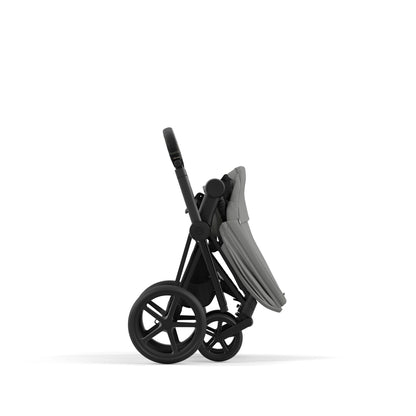 Cybex Priam matt black chassis with black handle and mirage grey seat pack.