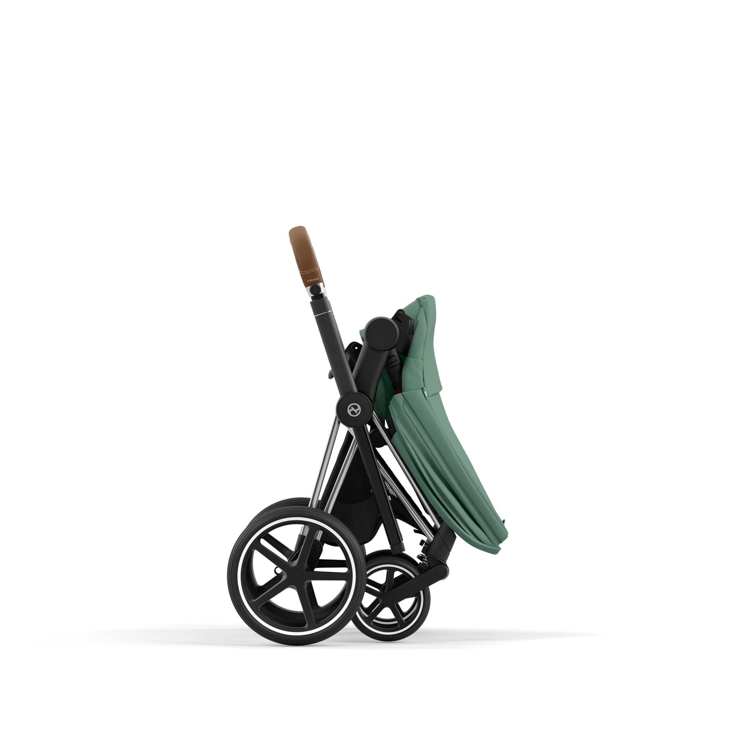 Cybex Priam chrome chassis with brown handle and leaf green seat pack.