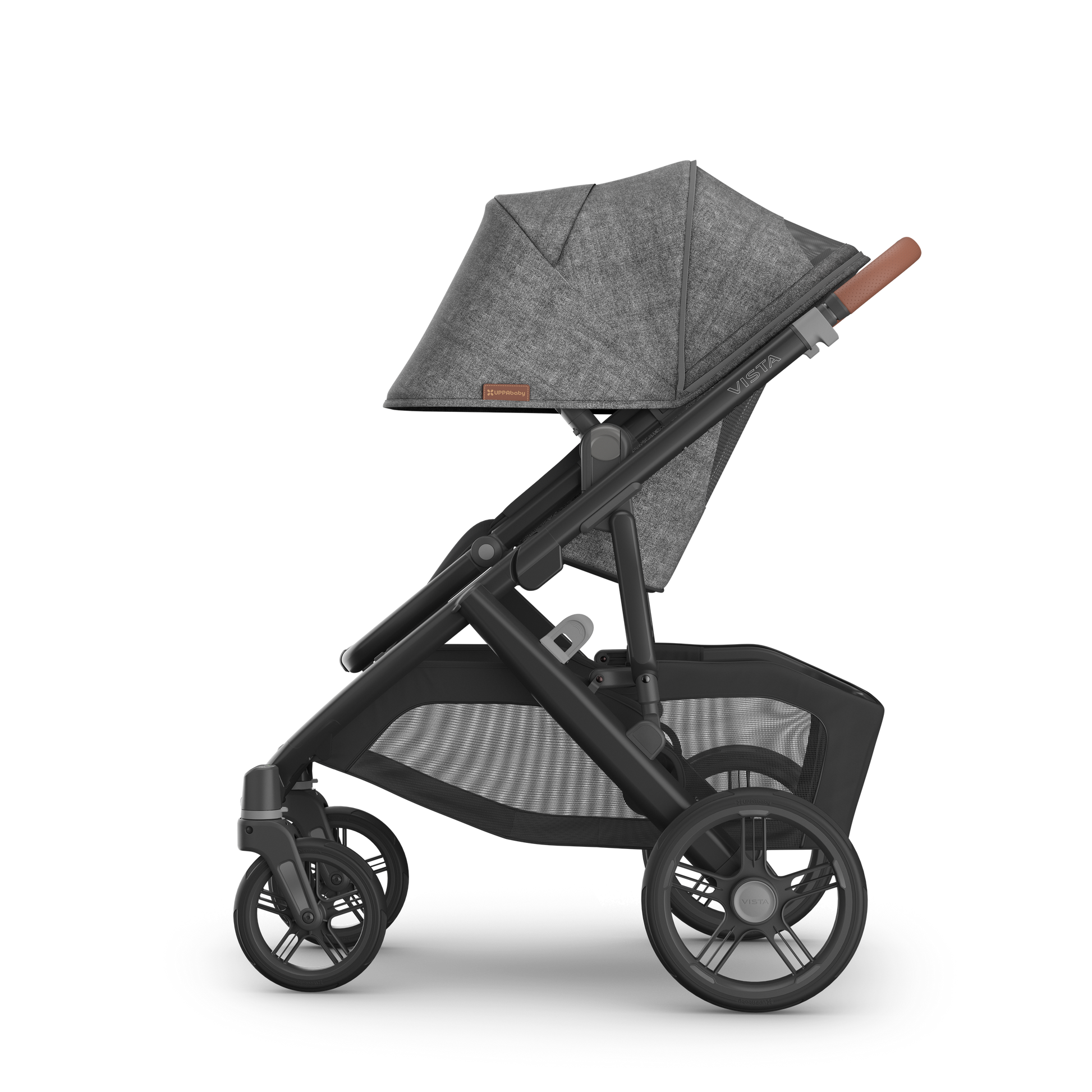 UPPAbaby Vista in Greyson showcasing stroller with hood down