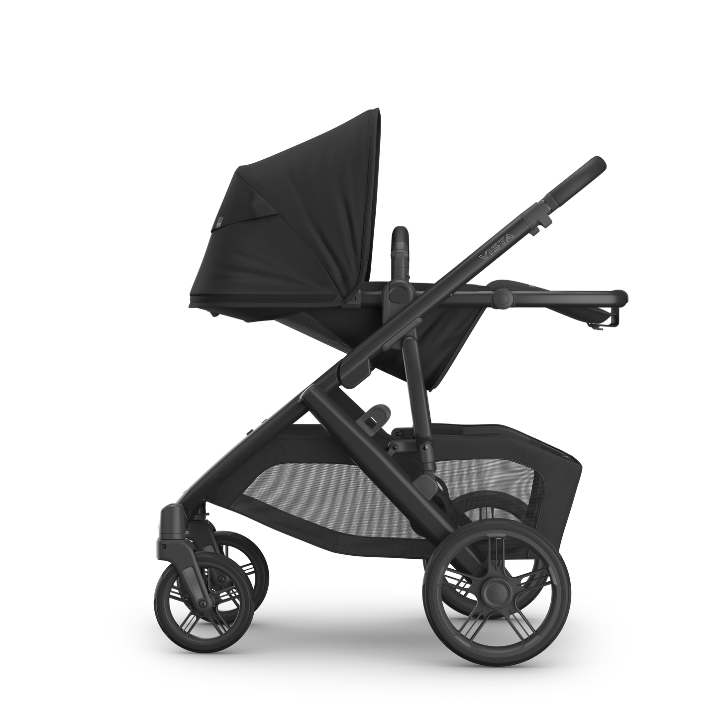 UPPAbaby Vista in Jake showcasing stroller with hood down