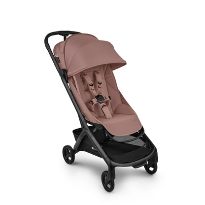 Bugaboo butterfly 2 stroller in dusty pink fabrics on a black chassis.