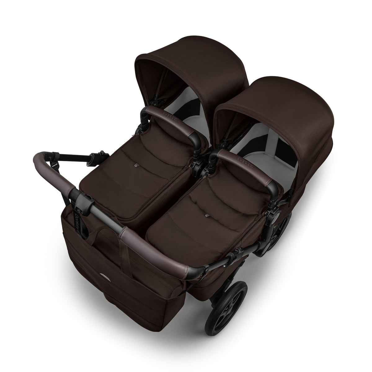 Bugaboo Donkey Twin travel system in cocoa brown colour with matching accessories and cybex cloud s car seats and isofix bases.