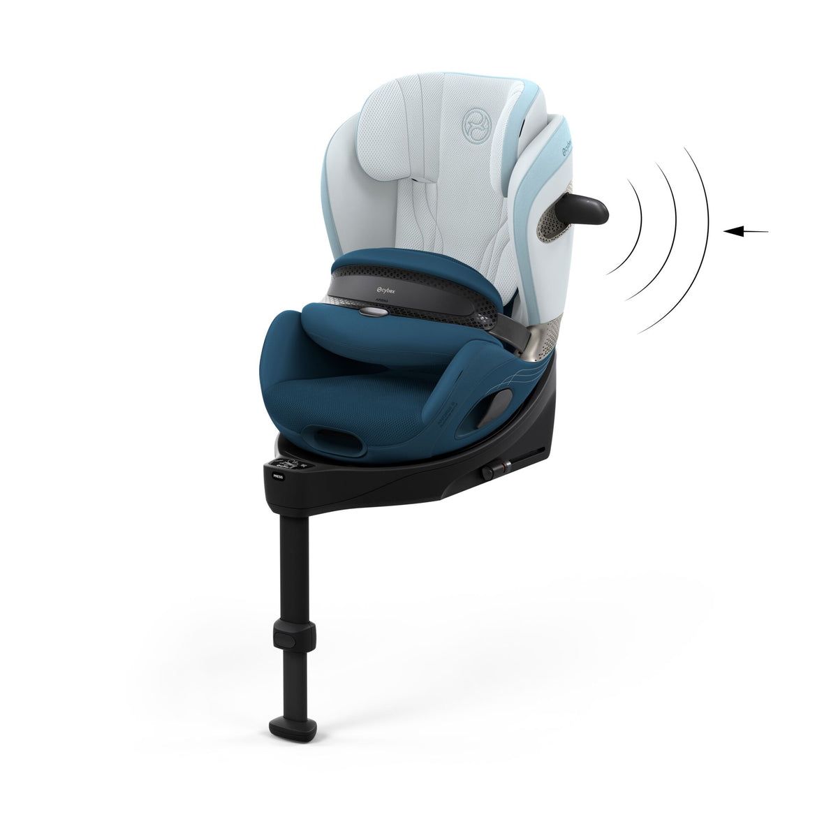 Cybex anoris Si car seat with airbag in opal blue style colour, with isofix base attatched.