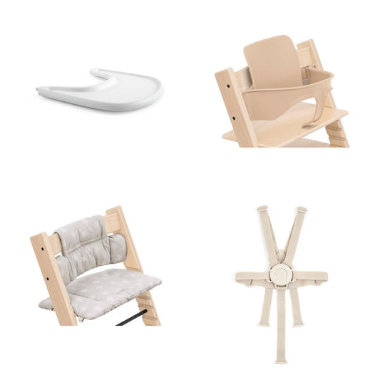 Stokke tripp trapp accessories, including baby set, tray, harness and cushion.