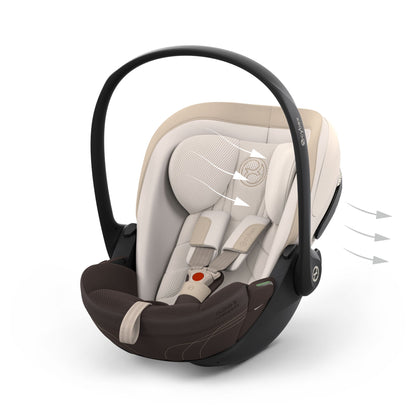 Cybex cloud s car seat in amber brown colour, with recline function.
