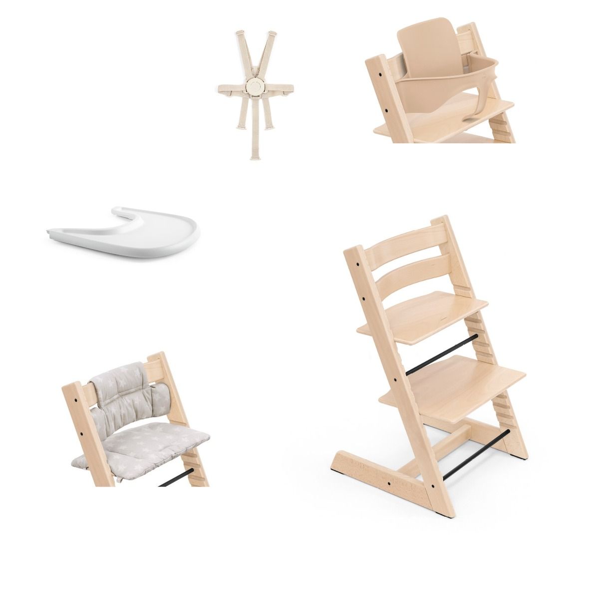 Stokke Tripp Trapp  wooden Highchair with baby set, tray, harness and cushion.