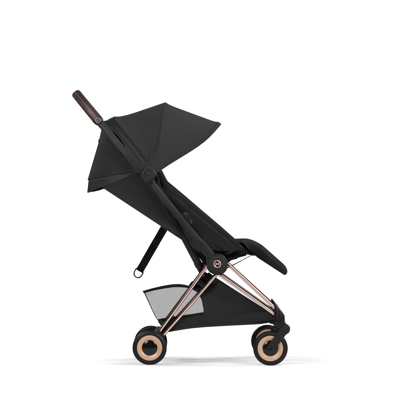 Cybex Coya Pushchair and carrycot in sepia black colourway on a rose gold chassis.