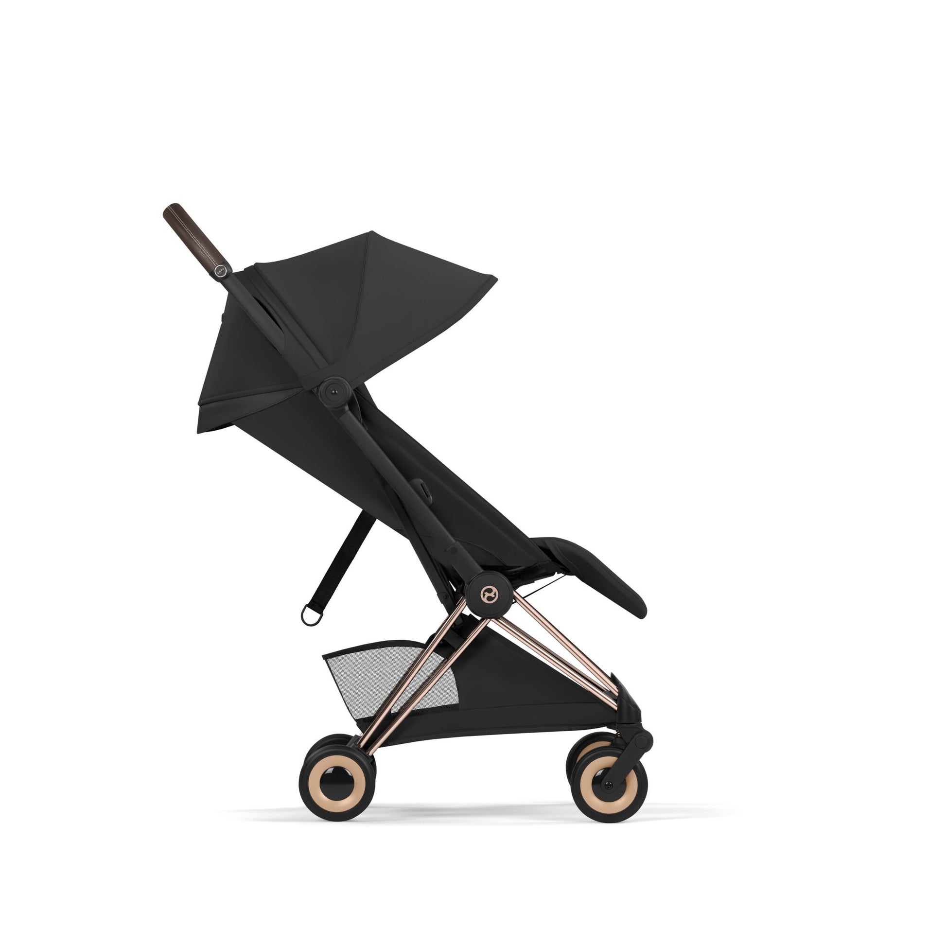 Cybex Coya Pushchair and carrycot in sepia black colourway on a rose gold chassis.