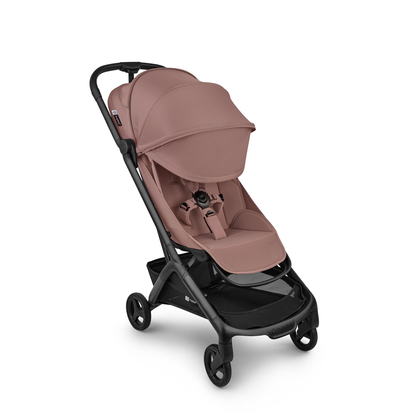 Bugaboo butterfly 2 stroller in dusty pink fabrics on a black chassis.