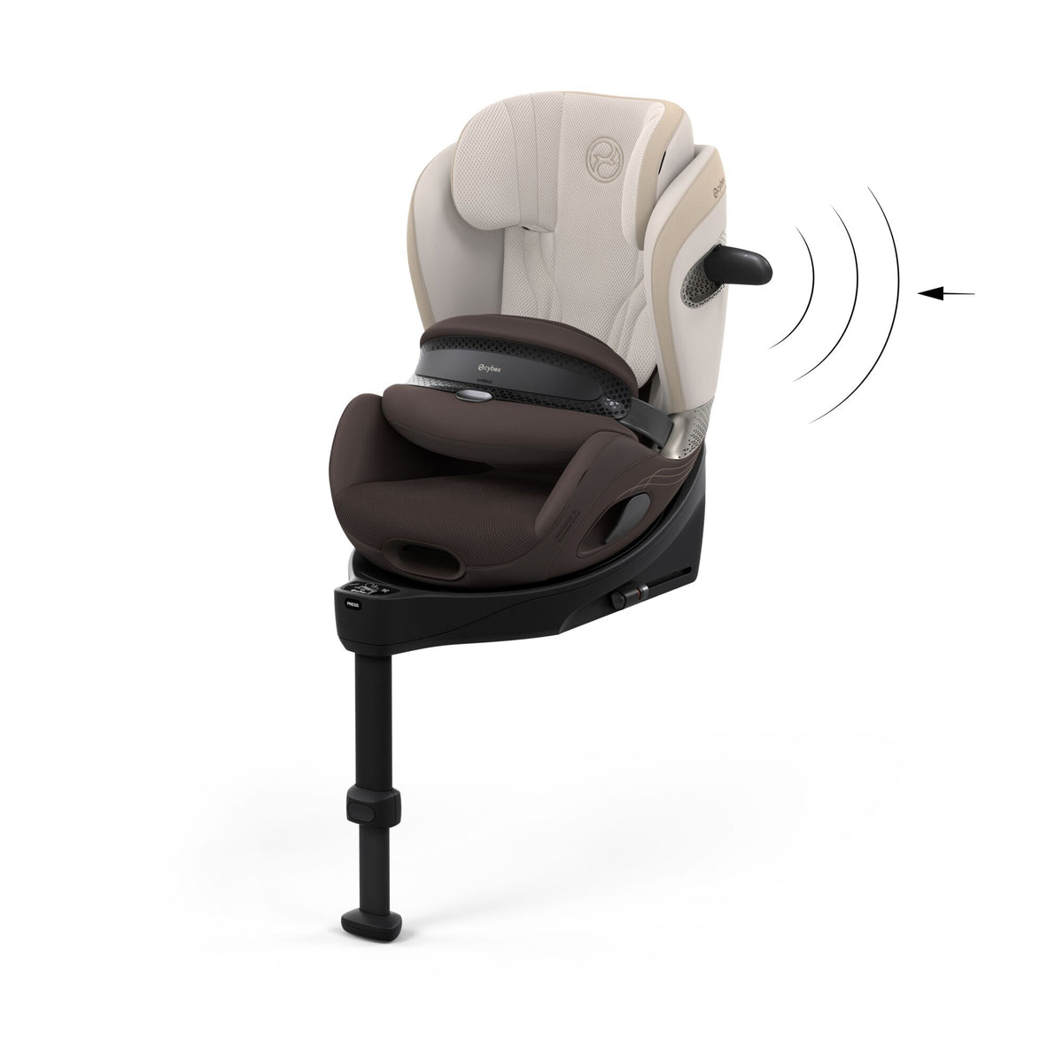 Cybex anoris Si car seat with airbag in amber brown colour, with isofix base attatched.