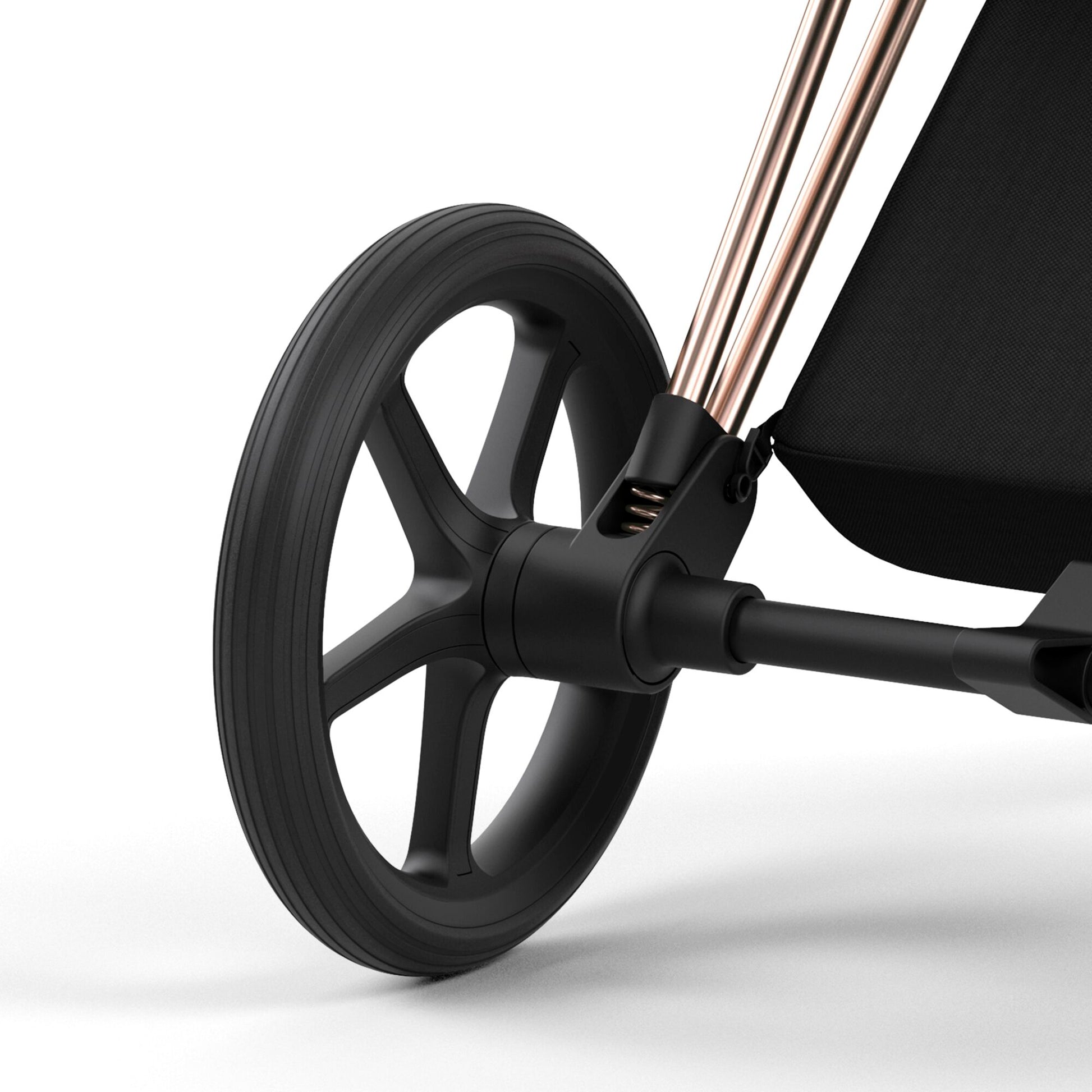 Cybex Priam rose gold chassis with dark brown handle and mirage grey seat pack.