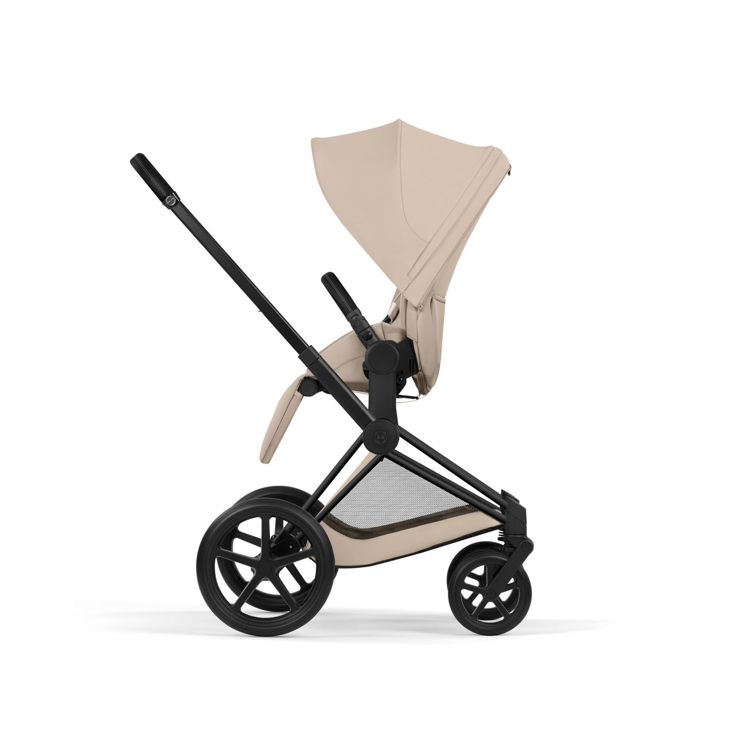 Cybex Priam Comfort combo in cozy beige colourway and matt black chassis.