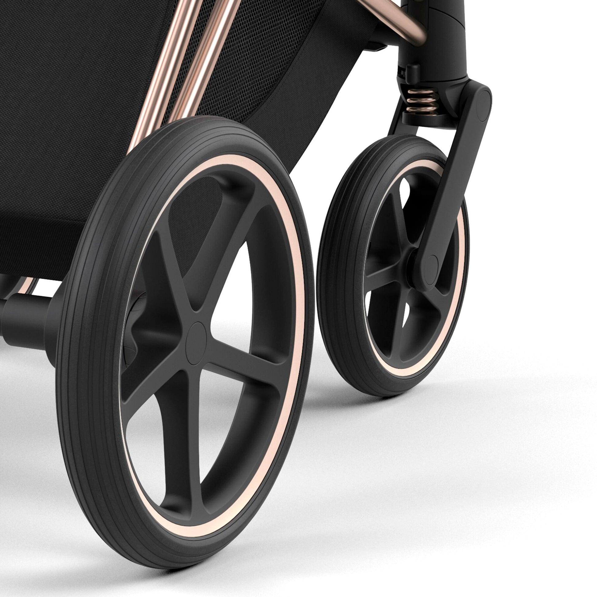 Cybex Priam rose gold chassis with dark brown handle and sepia black seat pack.