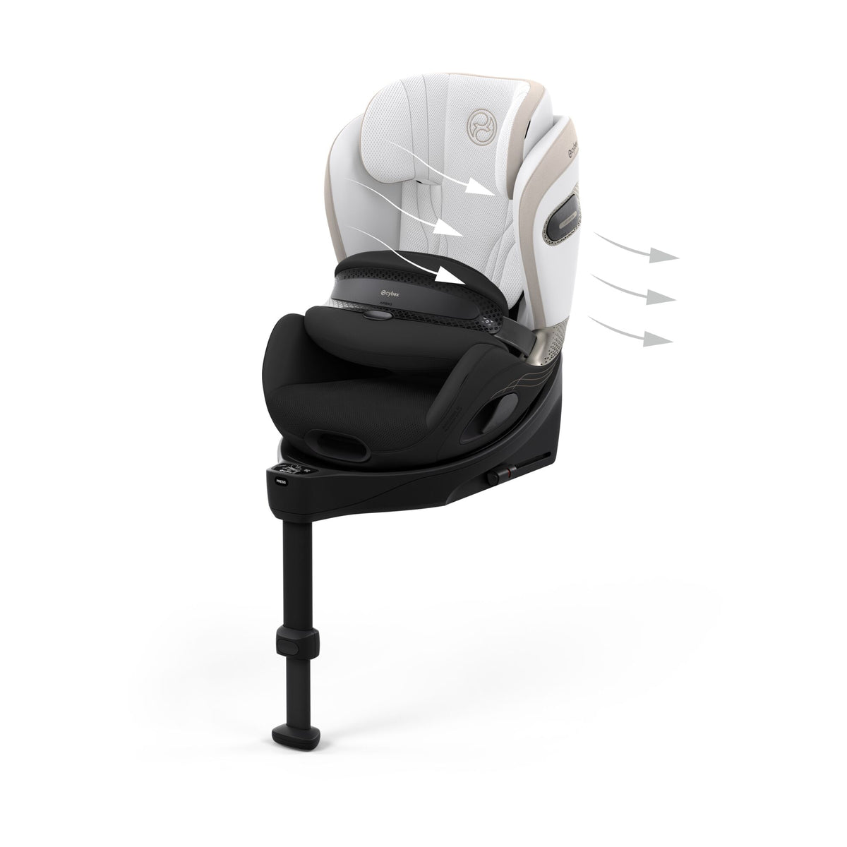 Cybex anoris Si car seat with airbag in off white style colour, with isofix base attatched.