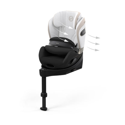 Cybex anoris Si car seat with airbag in off white style colour, with isofix base attatched.