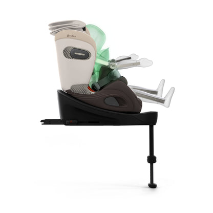 Cybex anoris Si car seat with airbag in amber brown colour, with isofix base attatched.