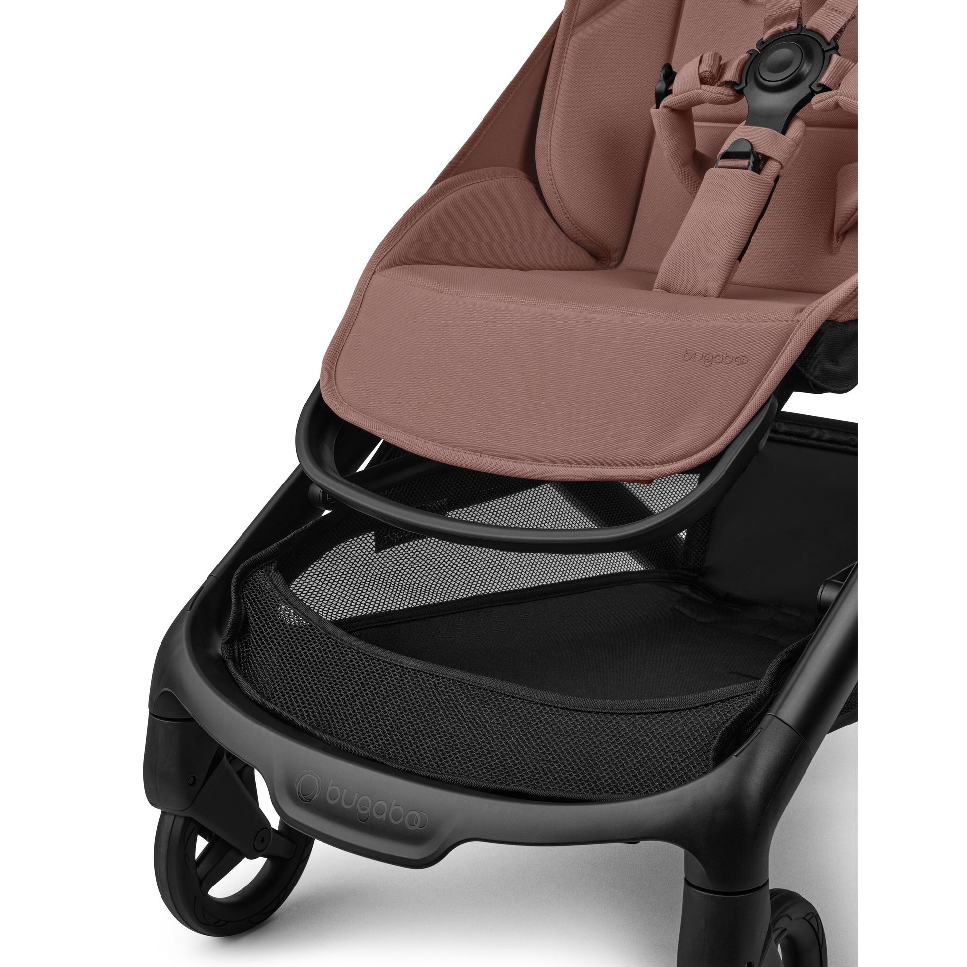 Bugaboo butterfly 2 stroller in dusty pink fabrics on a black chassis.