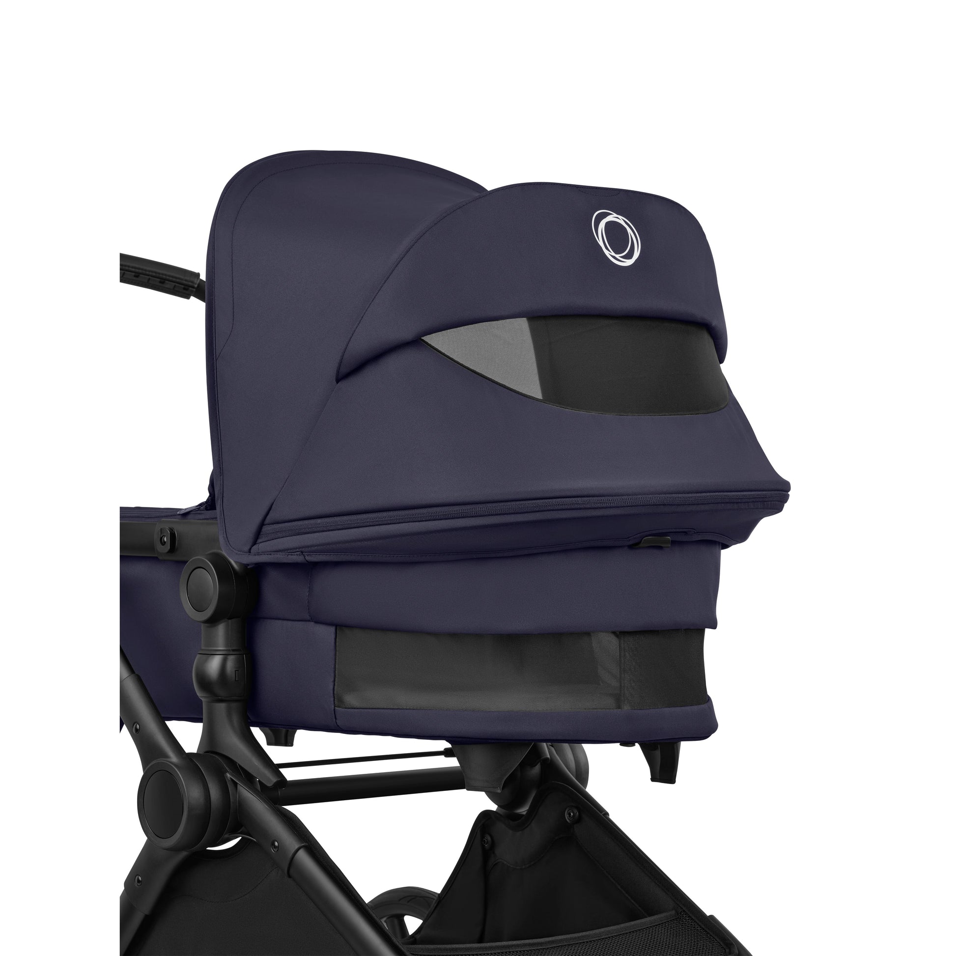 Bugaboo Cub stroller and carrycot in deep indigo blue with atonB2 car seat & base.