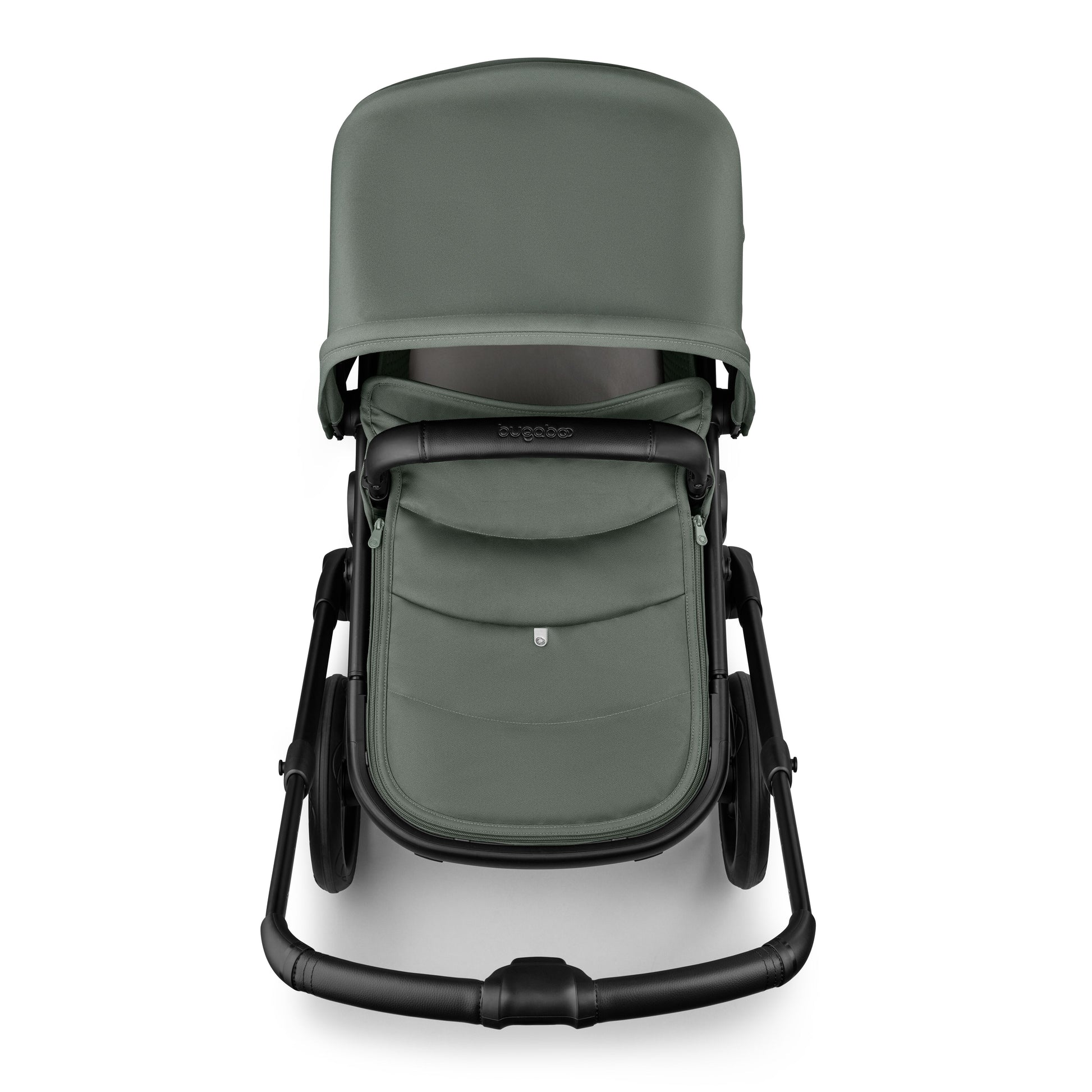 The foreset green Bugaboo Fox5 pushchair, equipped with a seat and carrycot fabric, offers a compact fold for all-terrain use.