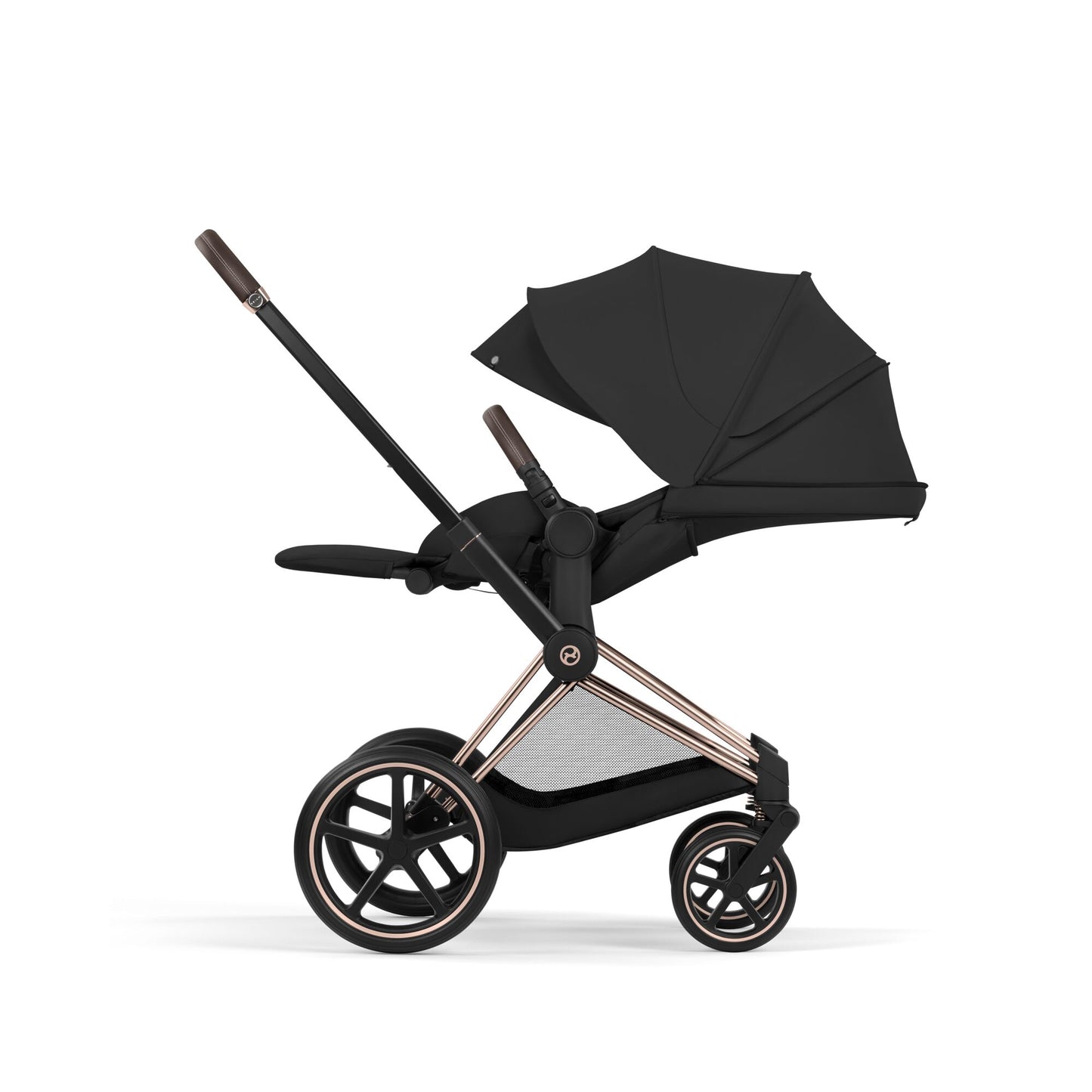 Cybex Priam Comfort combo in Sepia black colourway and rose gold chassis.