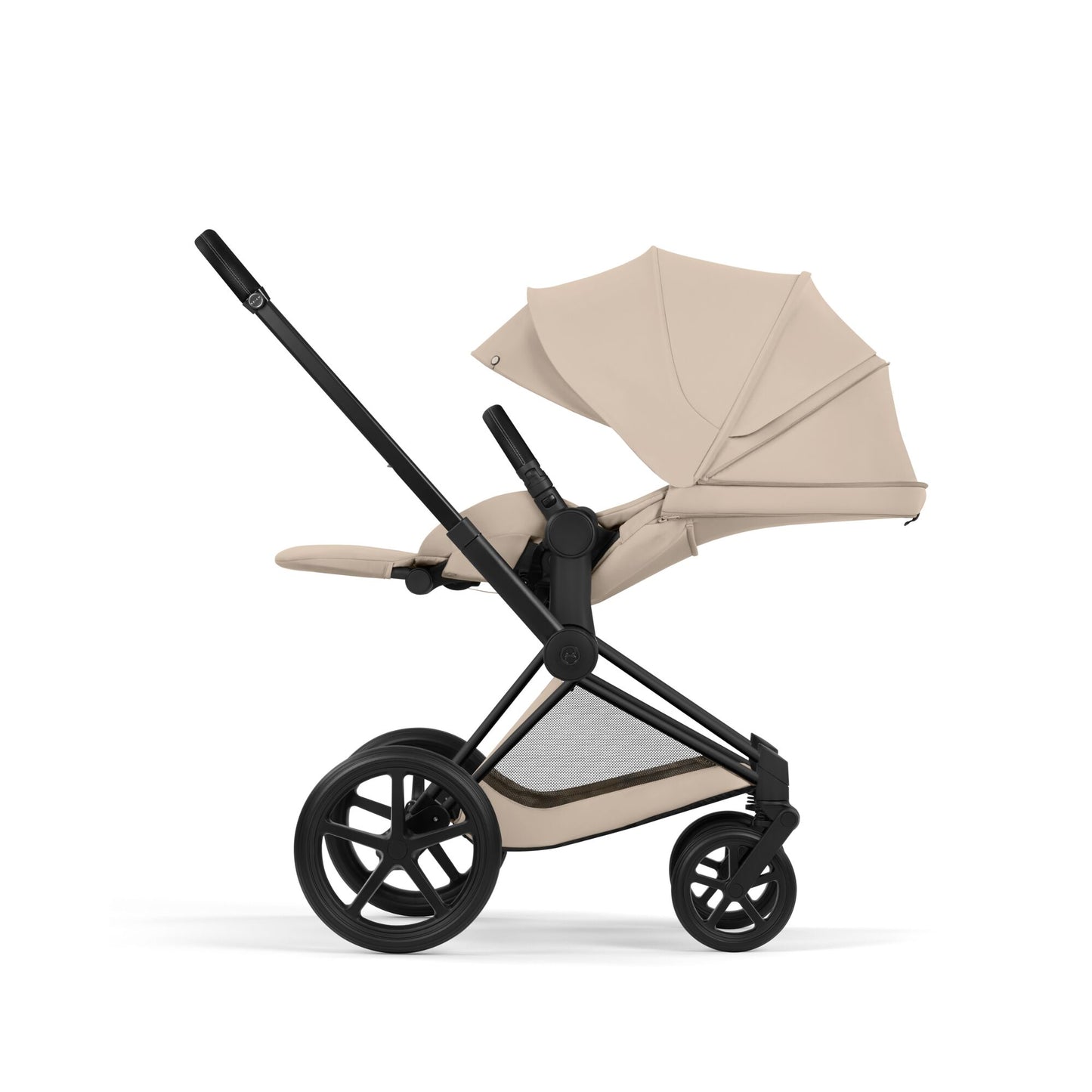 Cybex Priam Comfort combo in cozy beige colourway and matt black chassis complete with footmuff.