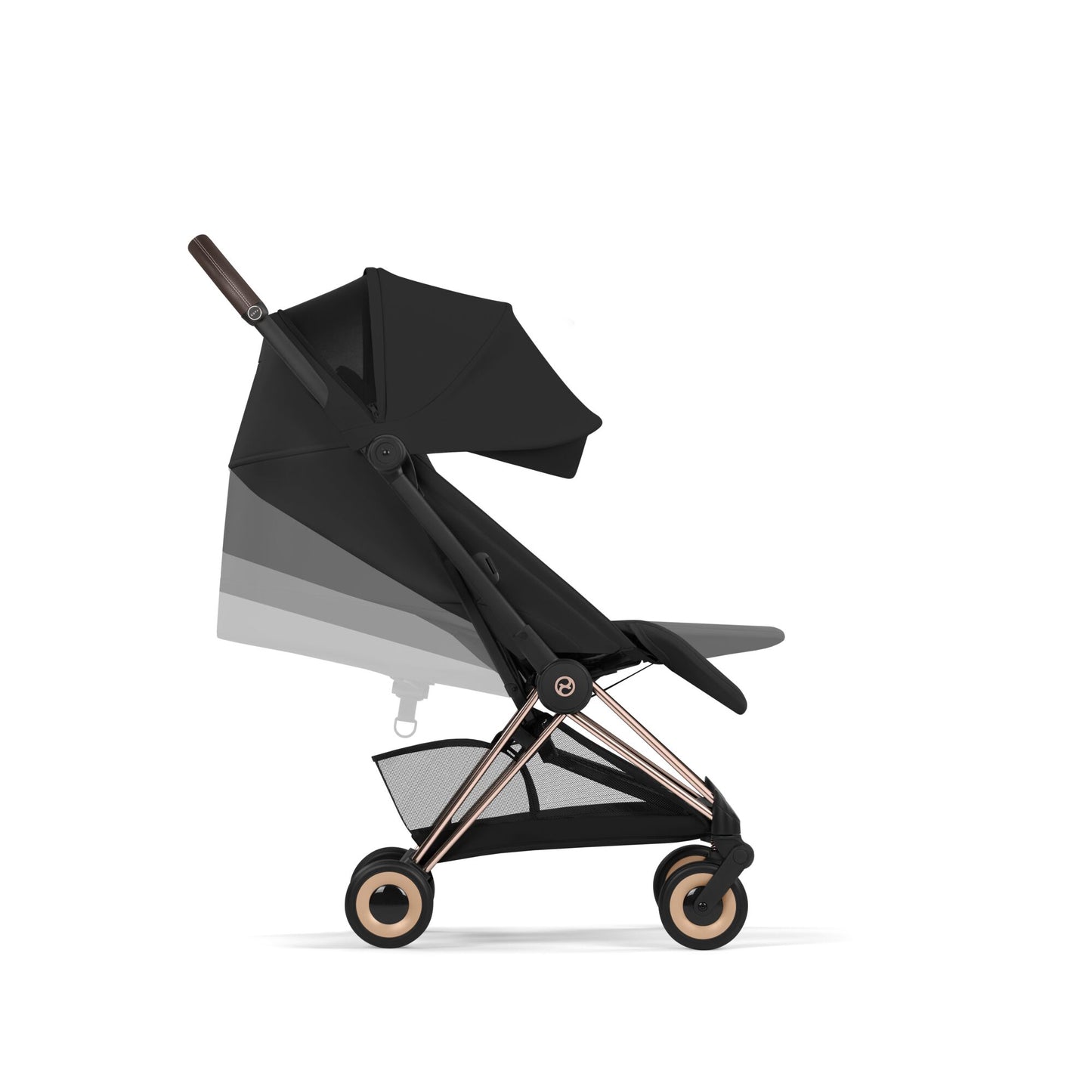 Cybex Coya Pushchair and carrycot in sepia black colourway on a rose gold chassis.