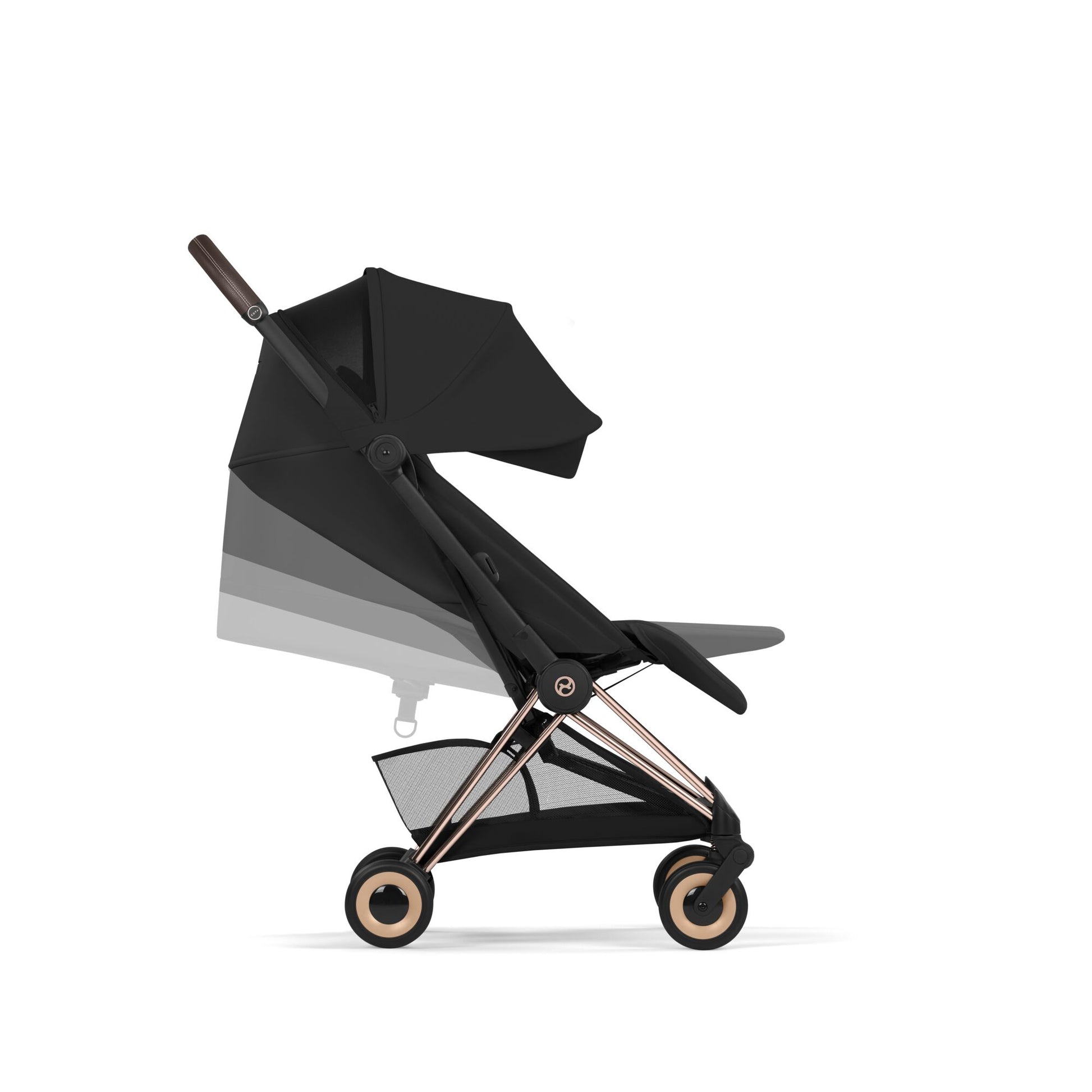 Cybex Coya Pushchair and carrycot in sepia black colourway on a rose gold chassis.