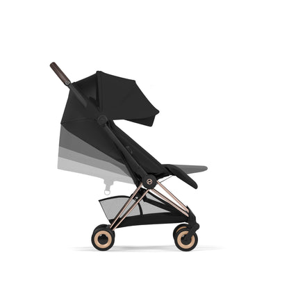 Cybex Coya Pushchair and carrycot in sepia black colourway on a rose gold chassis.