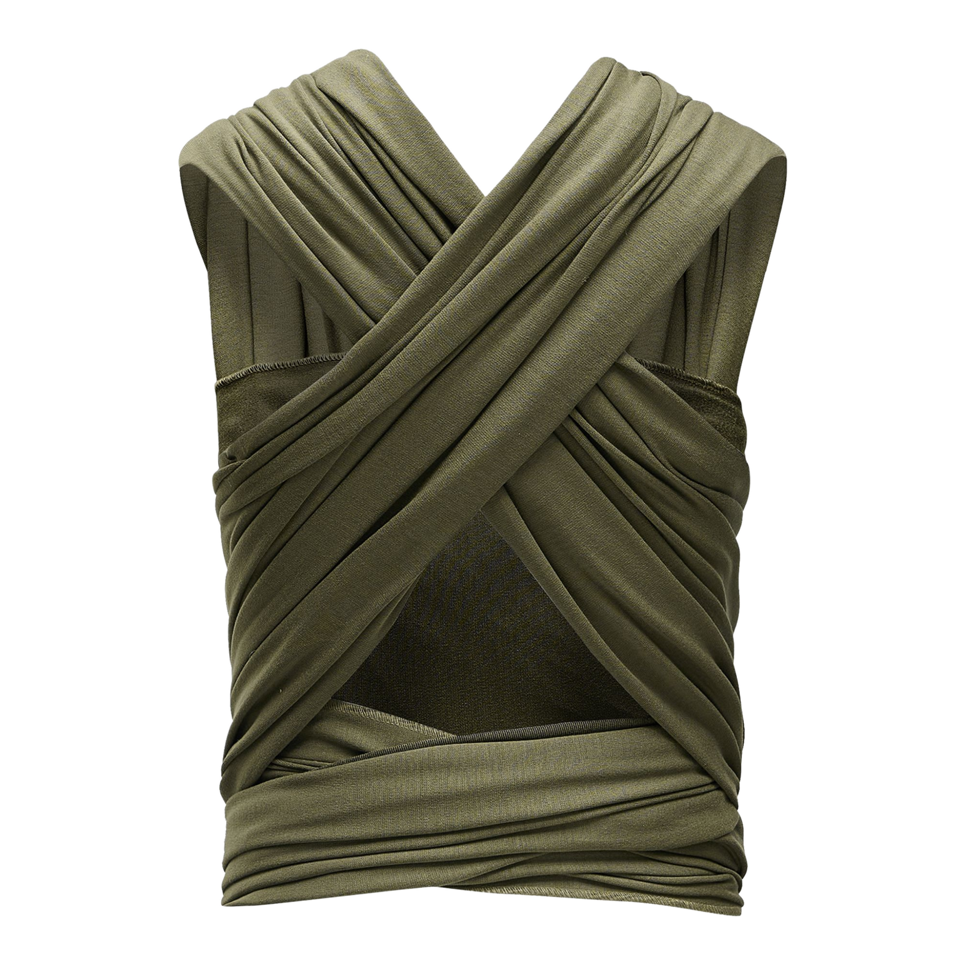 A baby carrier featuring a comfortable organic cotton wrap for secure and stylish baby carrying in forest green colour.