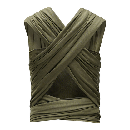 A baby carrier featuring a comfortable organic cotton wrap for secure and stylish baby carrying in forest green colour.