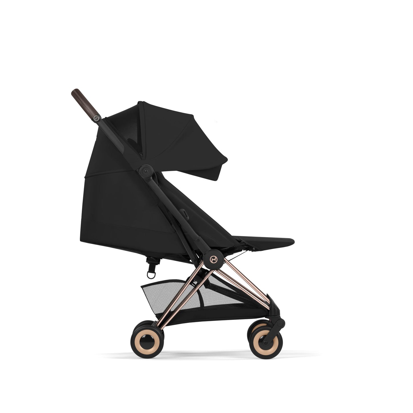 Cybex Coya Pushchair and carrycot in sepia black colourway on a rose gold chassis.