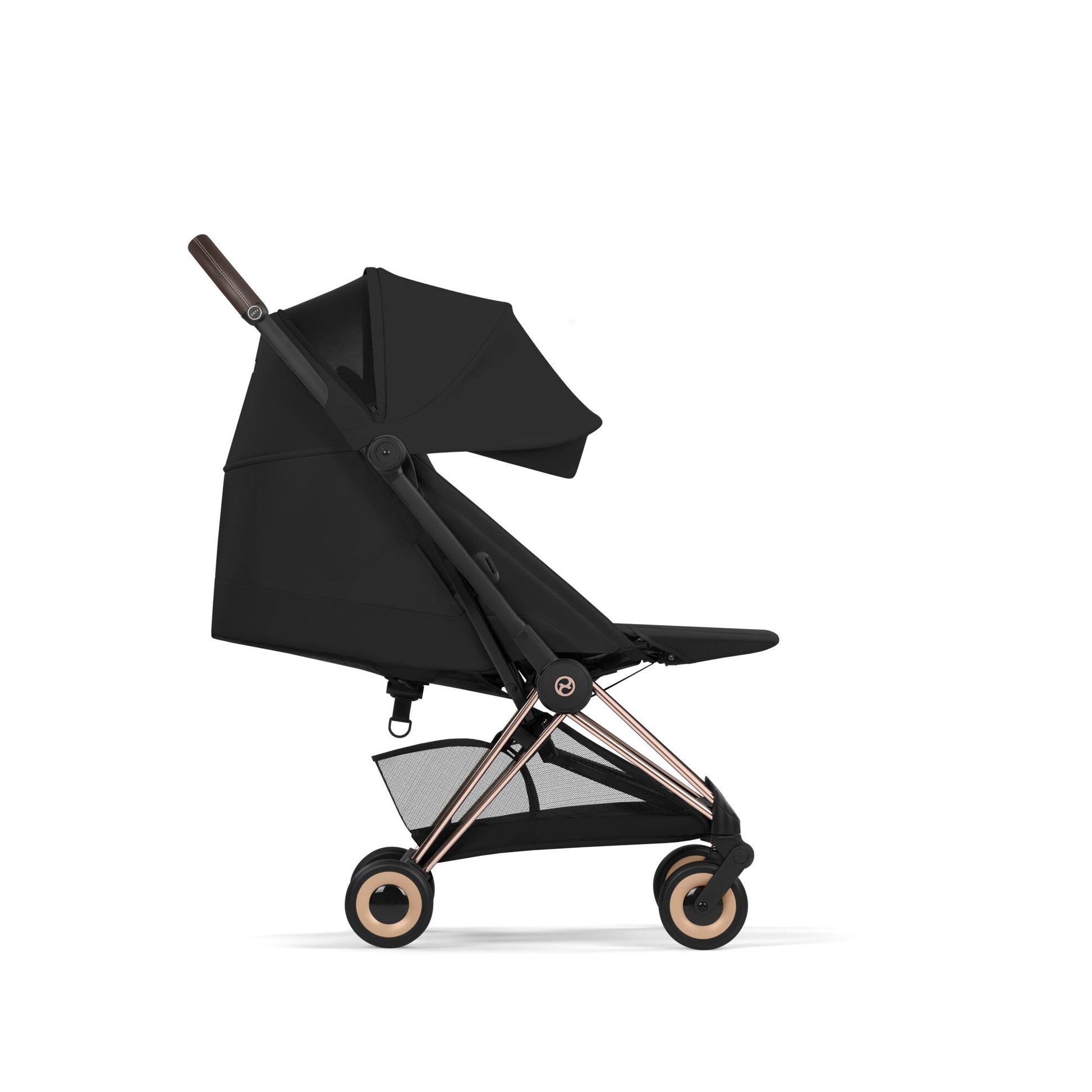 Cybex Coya Pushchair and carrycot in sepia black colourway on a rose gold chassis.