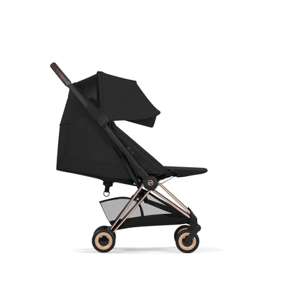 Cybex Coya Pushchair and carrycot in sepia black colourway on a rose gold chassis.