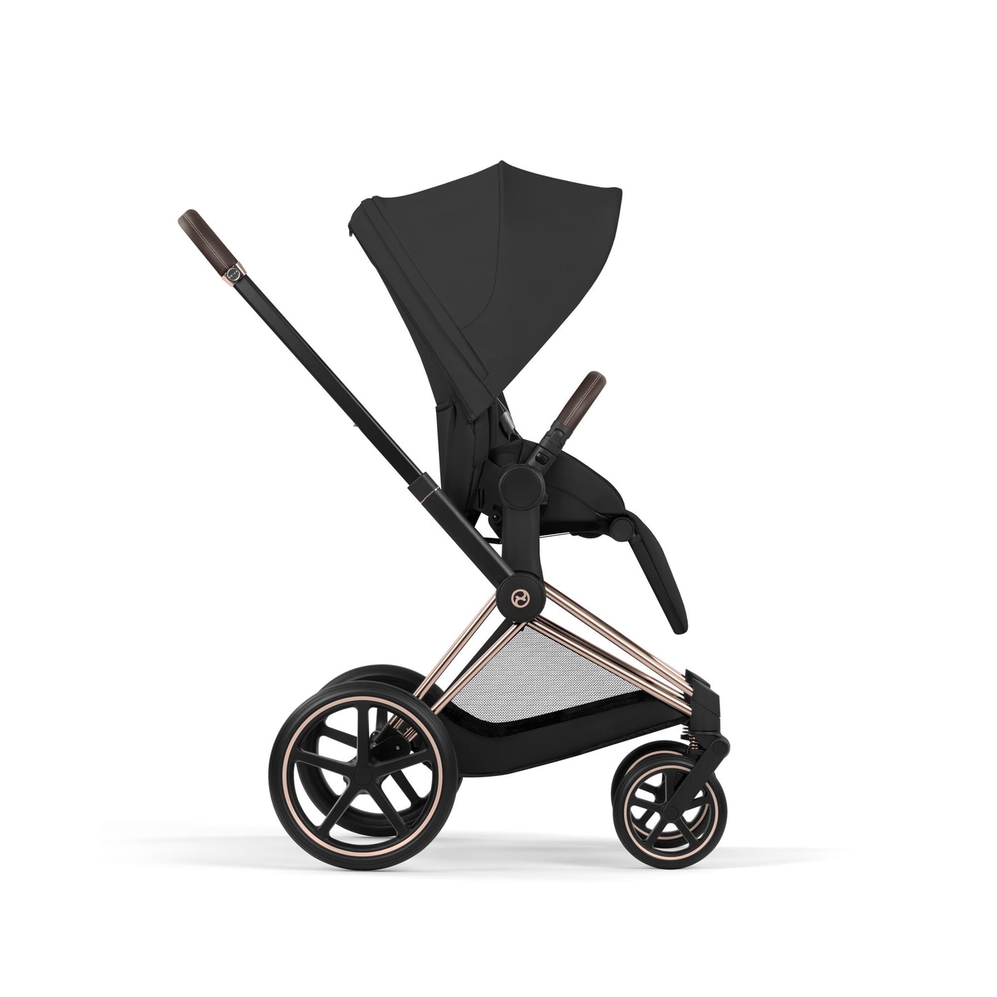 Cybex Priam Comfort combo in Sepia black colourway and rose gold chassis complete with footmuff.